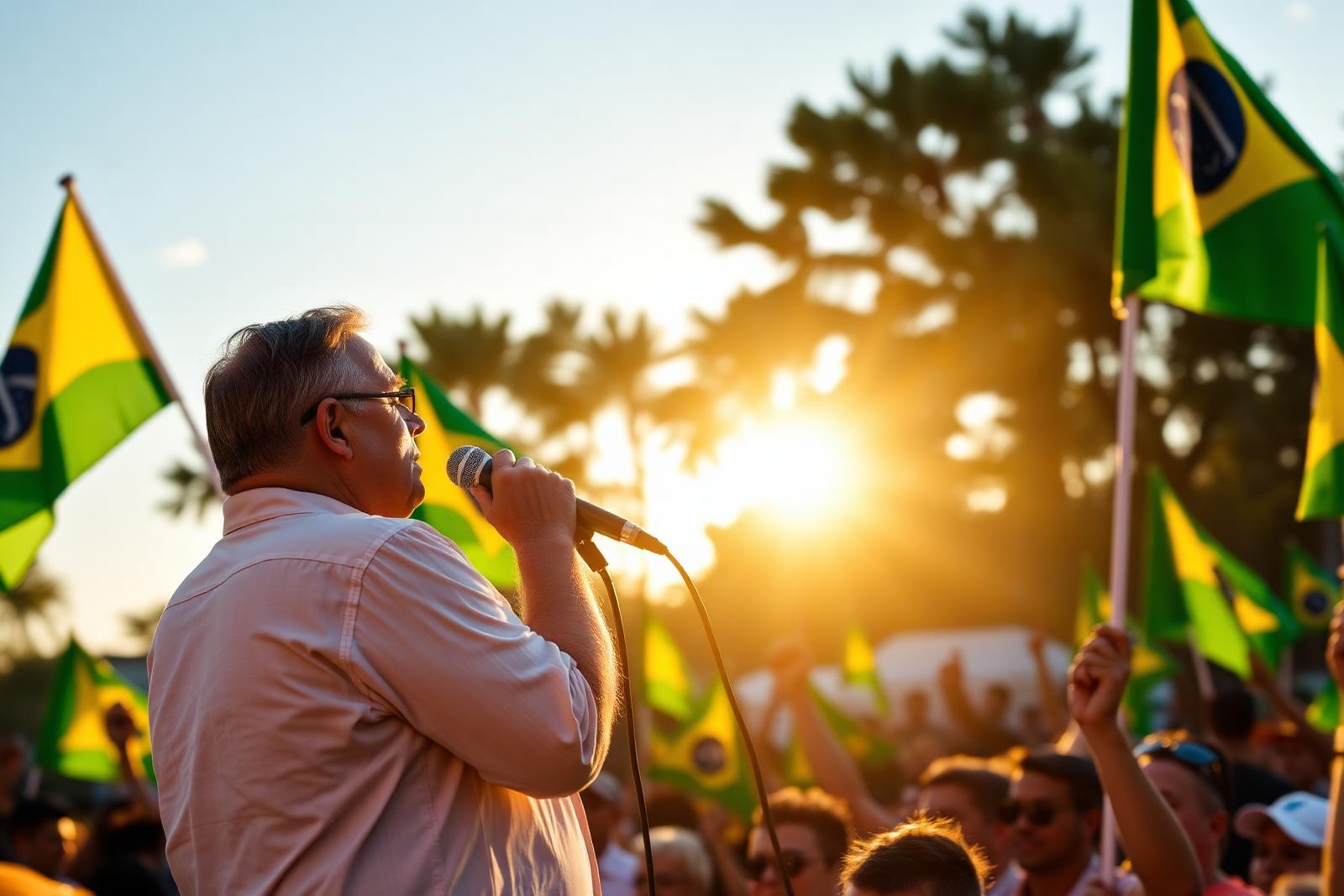 Comício com apoiadores ao pôr do sol